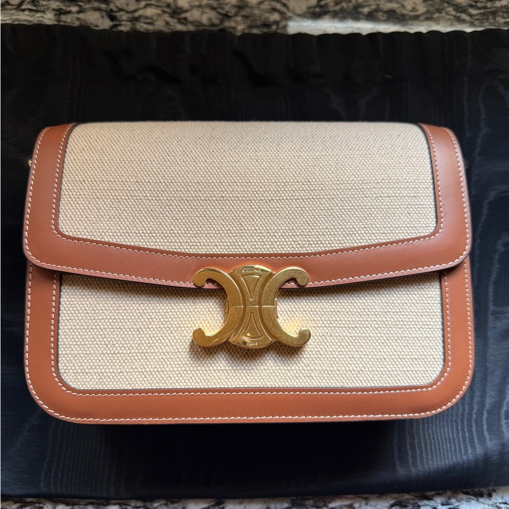 Celine Classique Triomphe Natural Tan Bag in Textile and Calfskin